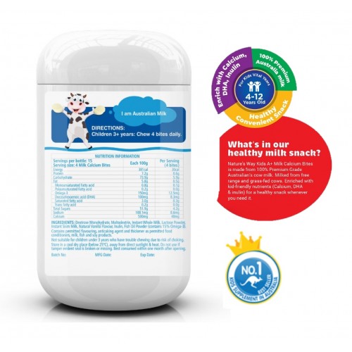 NATURE'S WAY KIDS A+ CHEWABLE MILK CALCIUM BITES WITH DHA 60S (RSP : RM49.90)